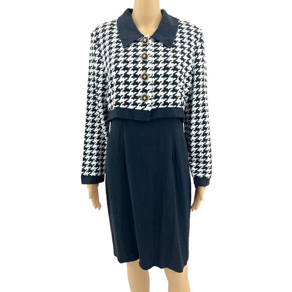 K Petite (14P) American VINTAGE 80s Black Country Club Chic Houndstooth Dress - Picture 1 of 8